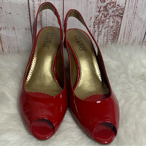 Red Patent Leather Peep Toe Slingback Wedges { Franco Sarto } - Picture 4 of 11